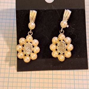 Elegant Pearl Silver And Faux Diamond Floral Earrings